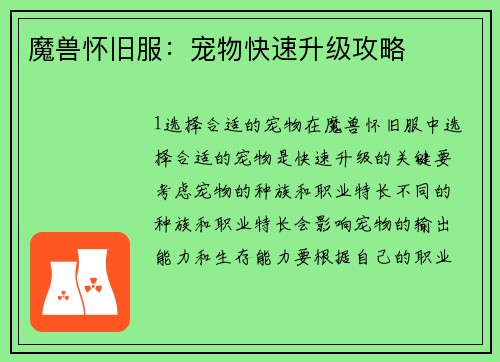 魔兽怀旧服：宠物快速升级攻略